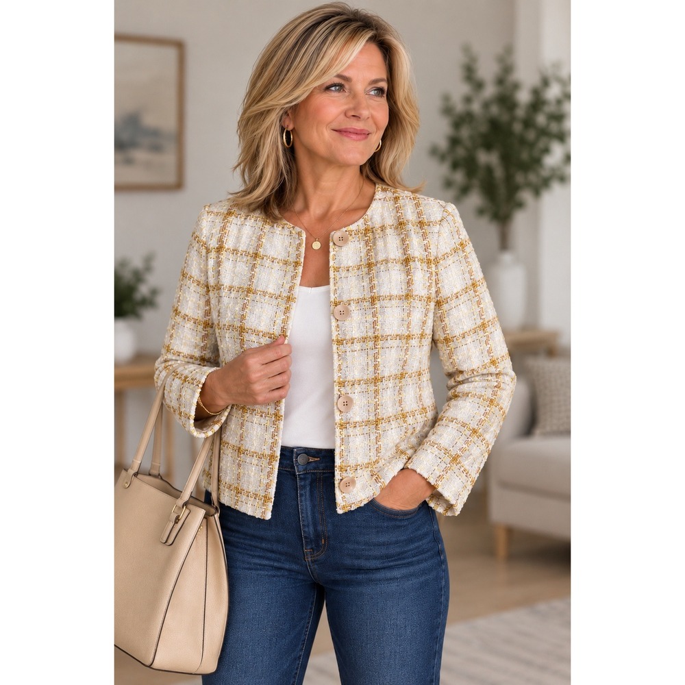 Cabi 6256 Yellow Plaid Tweed Collarless Blazer Jacket Womens Medium M Striped